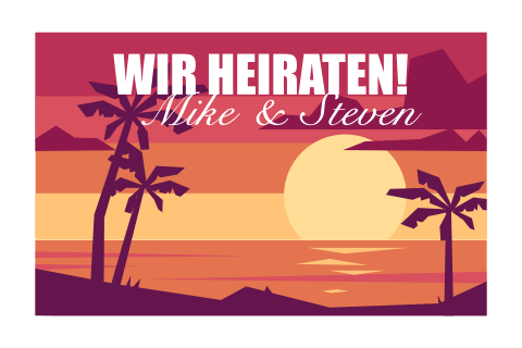 Einladung zur Hochzeit mit Sonnenuntergang Motiv in rot und orange