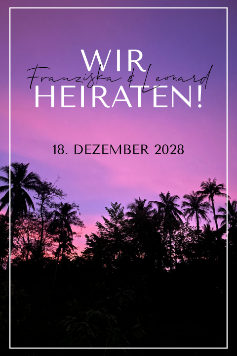 Hochzeitskarte mit Palmen und Himmel in lila und rosa