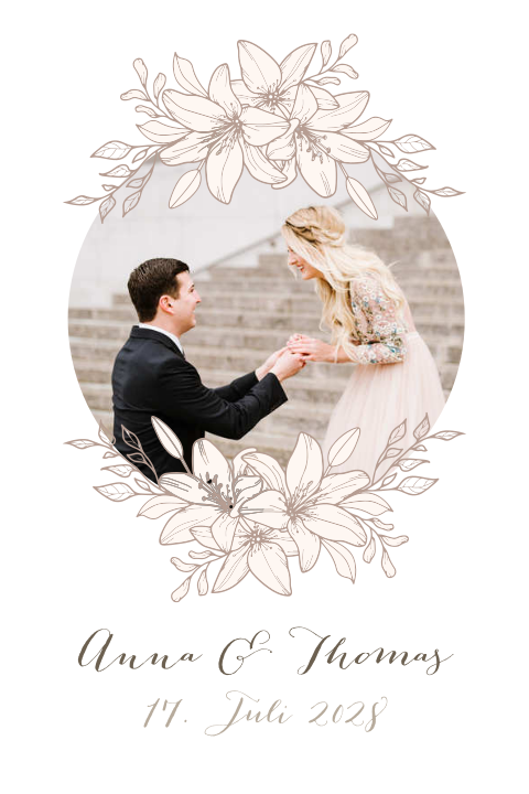 Florale Boho Einladung zur Hochzeit mit Foto in beige, braun und rosa