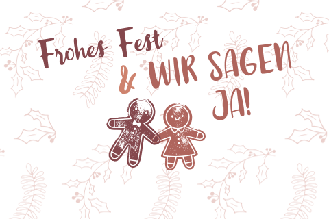 Weiße Hochzeitseinladung mit roten zarten Zweigen und Lebkuchenfiguren