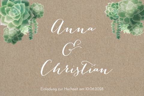 Hochzeitskarte mit grünen Sukkulenten auf Kraftpapier