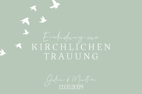 Schlichte Hochzeitseinladung in grün im modernen Stil & weißen Tauben