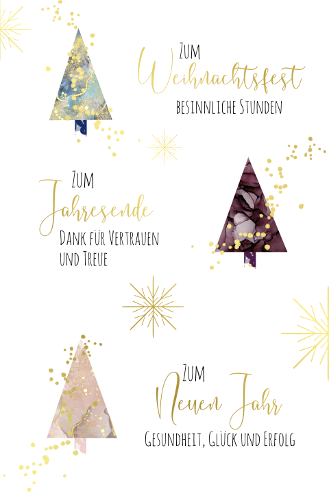 Weihnachtliche Hochzeitseinladung mit Tannenbäumen + Sprenkeln in Gold