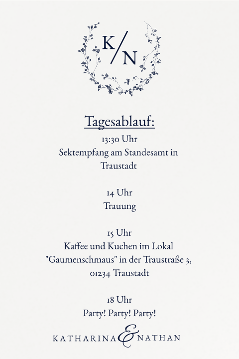 Elegantes Einlegeblatt zur Hochzeitseinladung mit Blumenkranz + Ablauf