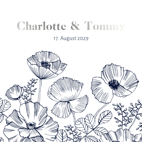 Elegante veredelte Einladung zur Hochzeit mit Mohnblumen in blau