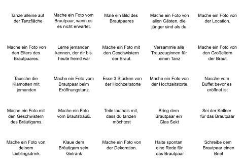 Gemischte Aufgaben als Hochzeitsgästeunterhaltung zum selbst gestalten