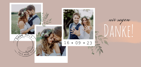 Vintage Danksagungskarte mit Sofortbild und Zweigen in Rosa