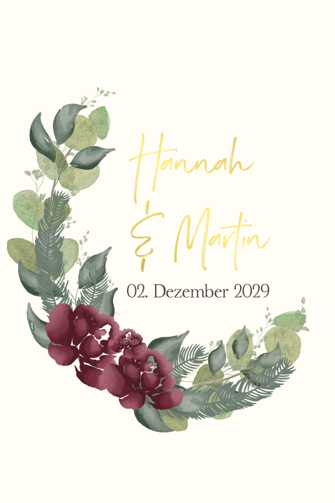 Winterliche Hochzeitseinladung in beige mit Kranz und Goldfolie