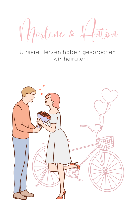 Weiße Einladung zur Hochzeit mit verliebtem Paar und Fahrrad in rosa