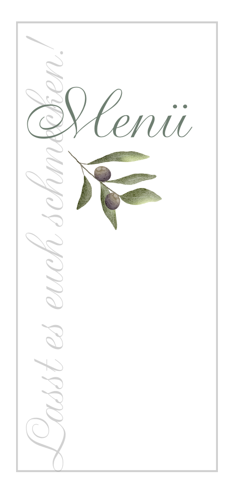 Gerahmtes Menü zur Hochzeit mit Olivenzweig
