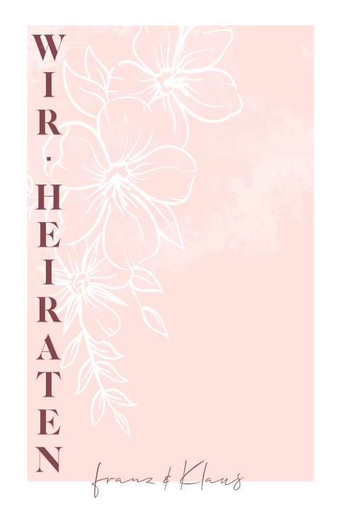 Rosa Hochzeitskarte mit schlichten Line Art Blumen in weiß