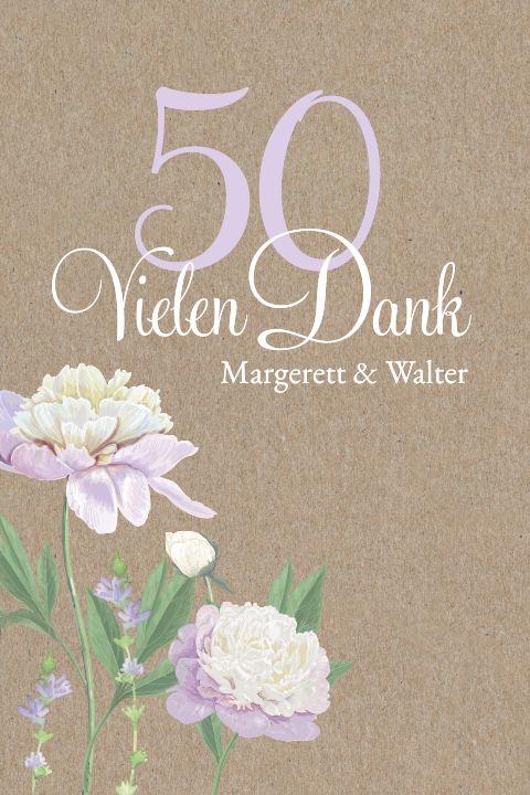 Danksagungskarte zur Goldhochzeit aus Kraftpapier mit lila Blumen