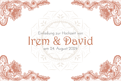 Orientalische Hochzeitskarte mit Spitze in orange + Mandala in beige