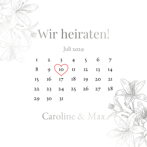 Quadratische Hochzeitskarte mit Kalender, Line Art Lilien in Silber