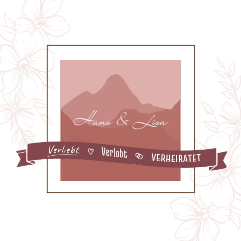 Hochzeitseinladung mit gerahmten Bergen, Banner und Blumen in rot
