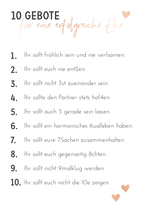 Moderne, veredelte Glückwunschkarte "10 Ehegebote" mit rosa Herzen