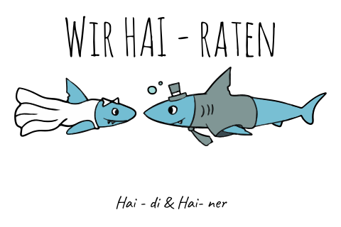 Lustige Einladungskarte mit blauen Haien und Wortspiel