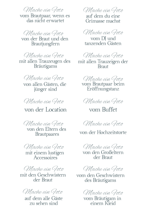 Fotoaufgaben für die Hochzeitsgäste zur eigenen Gestaltung blanko