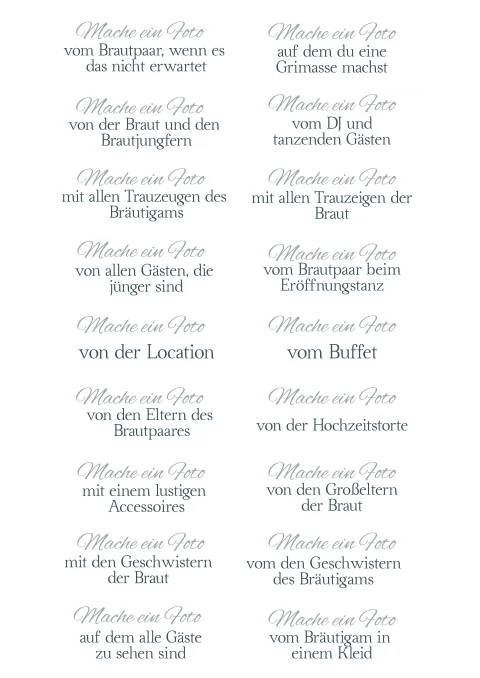 Fotoaufgaben für die Hochzeitsgäste zur eigenen Gestaltung blanko