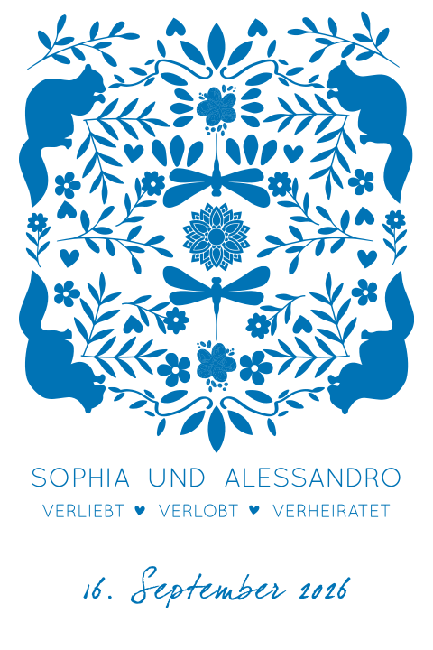 Hellblaue Hochzeitskarte im floralen Greenery Style mit Tieren