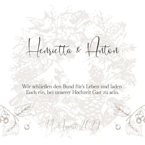 Veredelte herbstliche Hochzeitseinladung mit Kranz, Vögeln + Blättern