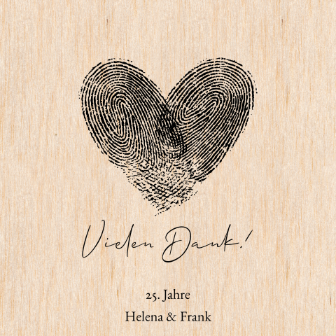 Dankeskarte zur Silbernen Hochzeit aus Holz mit Herz-Fingerabdruck
