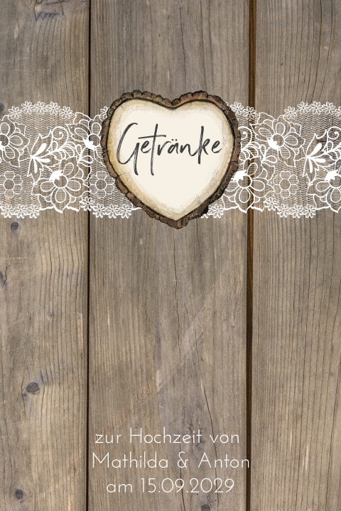 Getränkekarte zur Hochzeit mit Herz und Spitze