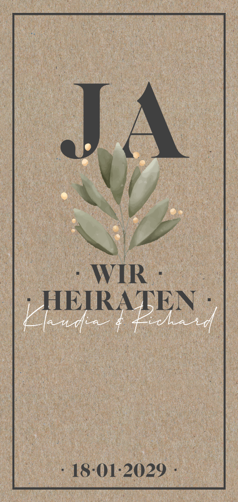 Boho Einladungskarte zur Hochzeit aus Kraftpapier mit schwarzem Rahmen