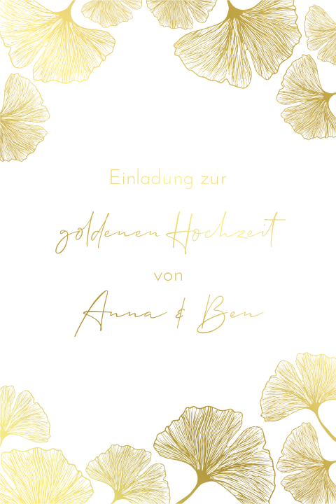 Moderne Hochzeitskarte zum 50. Jubiläum mit goldenen Ginkgoblättern