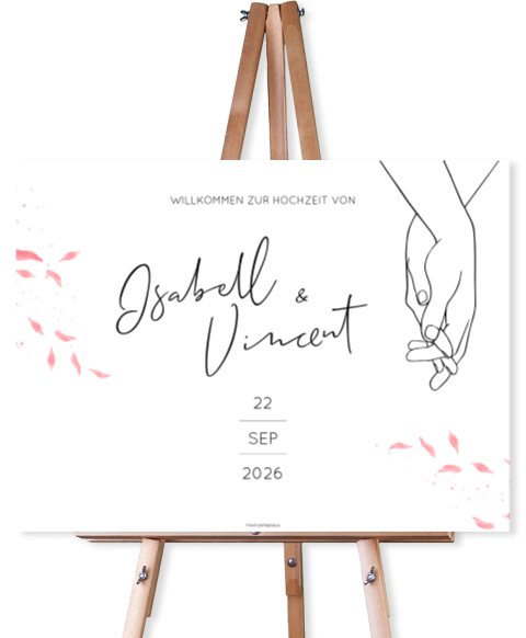 Viereckiges Hochzeits-Willkommensschild Handlettering und rosa Blüten