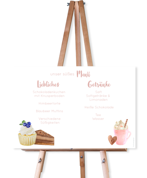 Menüschild zur Hochzeit süße Lebensmittel in rosa weiß