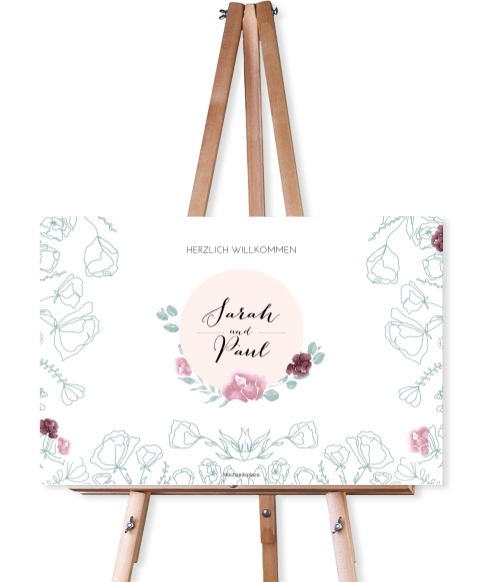 Florales Hochzeits-Willkommensschild mit Line Art Blumen in mintgrün in 60x40 cm