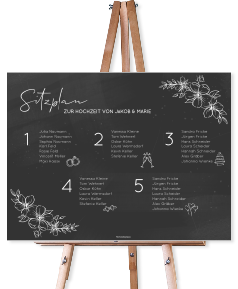 Sitzplan zur Hochzeit im Schiefertafel Look mit Icons in 73x55 cm