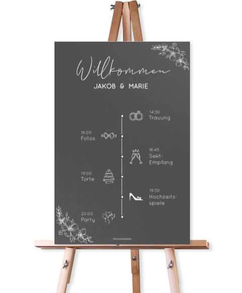 Willkommensschild für die Hochzeit im Schiefertafel Look mit Icons