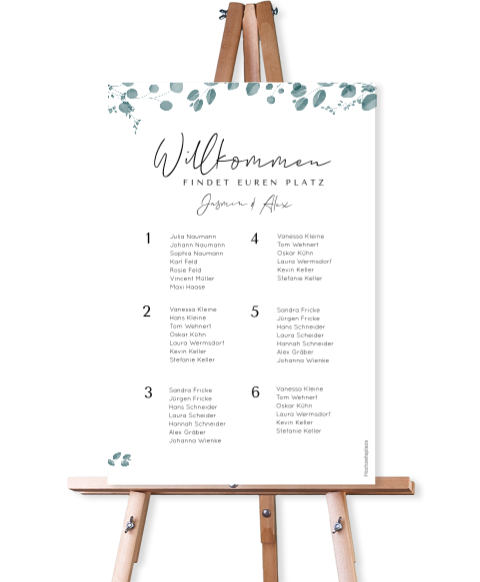 Greenery Sitzplan stehend für die Hochzeit mit Eukalyptus in 40x60 cm