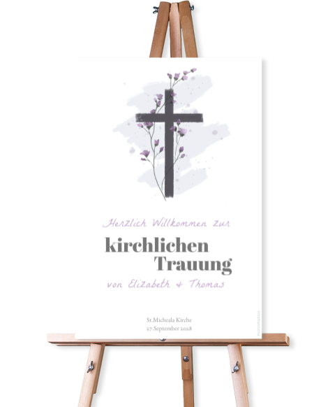 Willkommensschild für die kirchliche Trauung mit Kreuz und Blüten
