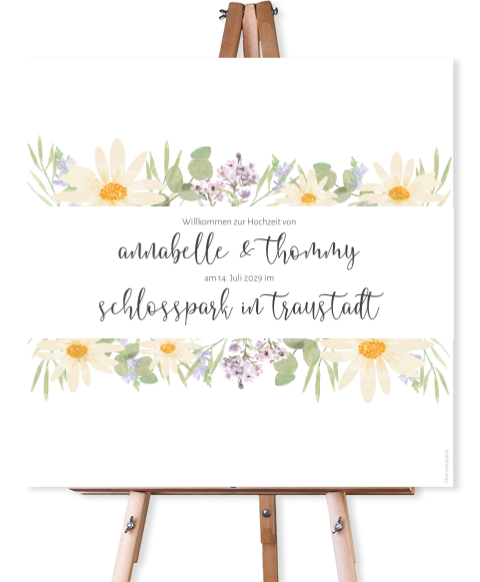 Quadratisches Willkommensschild zur Hochzeit mit buntem Blumenrahmen