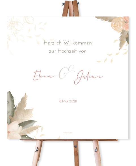 Quadratisches Boho Willkommensschild zur Hochzeit mit Federn und Blumen in 70x70 cm