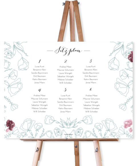 Floraler Sitzplan im Querformat mit Line Art Rosen in grün und rot für die Hochzeit in 73x55 cm
