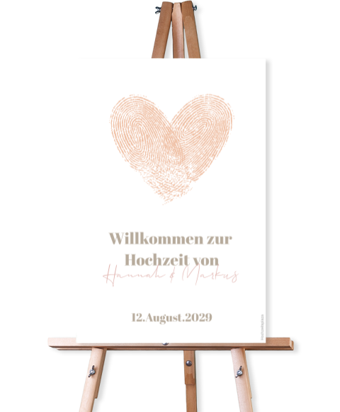 Weißes Willkommensschild zur Hochzeit mit Fingerabdruck Herz in rosa