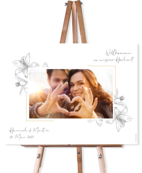 Elegantes Willkommensschild zur Hochzeit mit Line Art Lilien und Foto