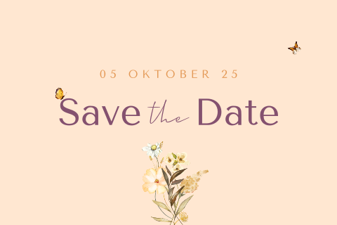Save the date kaart met veldbloemen en vlinders