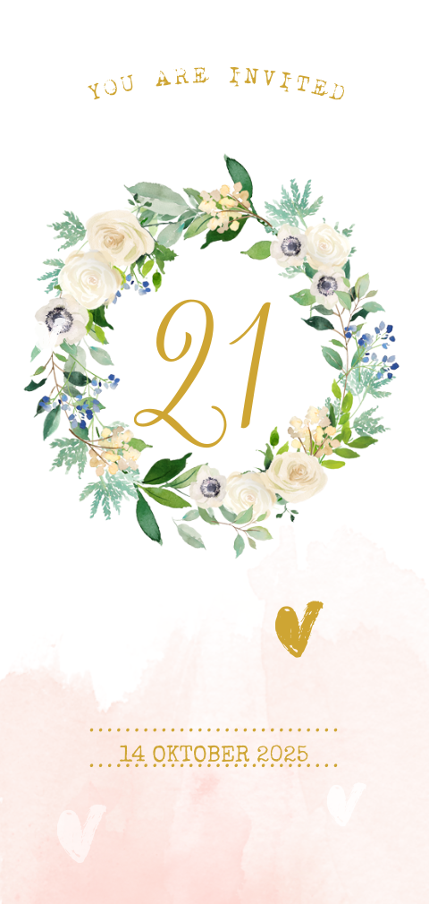 Uitnodiging 21ste verjaardag met krans van bloemen