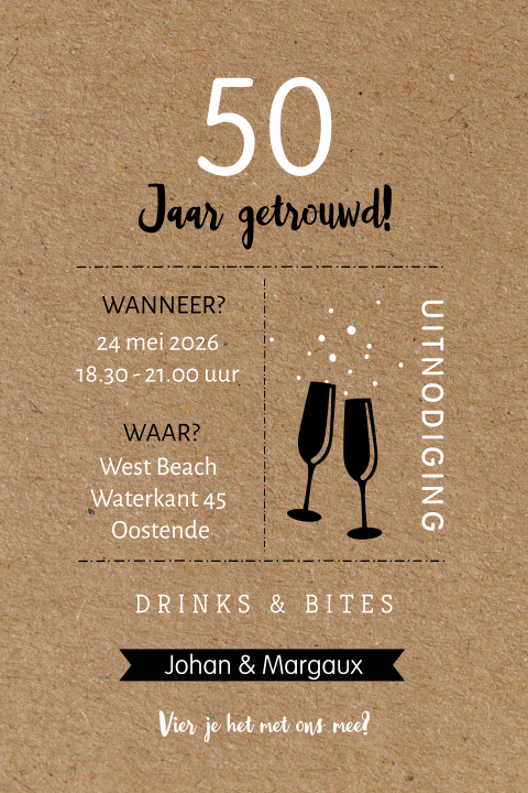 Uitnodiging 50 jaar huwelijk op kraft-look achtergrond