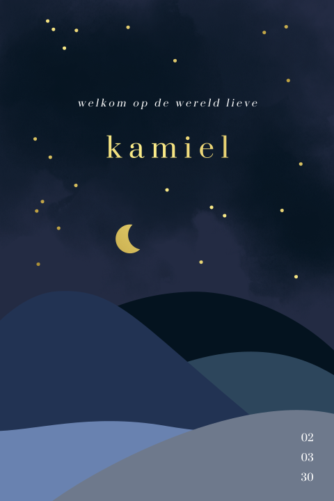 Geboortekaartje met bergen, de maan en sterren