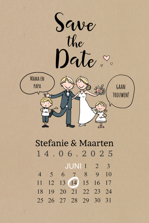 Kalender Save the Date kaart in kraft-look met vrolijke strip