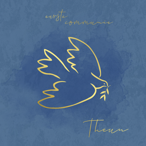 Mooie communiekaart met een duif in goudfolie