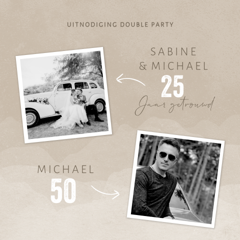 Uitnodiging double party met foto's op beige achtergrond
