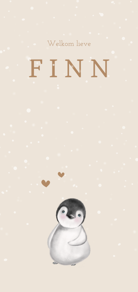 Geboortekaartje met een pinguin en sneeuwvlokjes