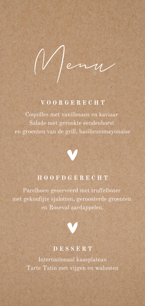 Menukaart met witte hartjes op kraft-look